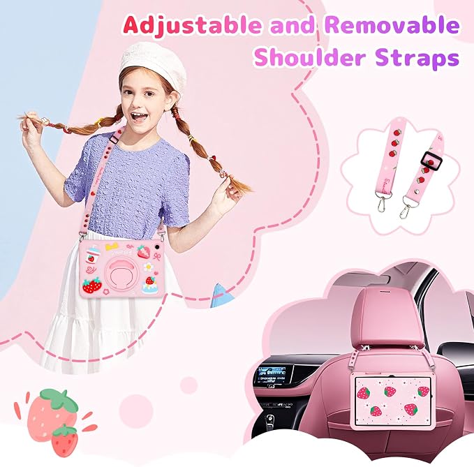 VOFUOE for Samsung Galaxy Tab A11 Plus Case 2025 Galaxy Tab A9 Plus Case 2023 11 Inch for Kids Girls with Shoulder Straps Rotating Stand Strawberry Yogurt Cake Soft Silicone Protective Cover-Pink
