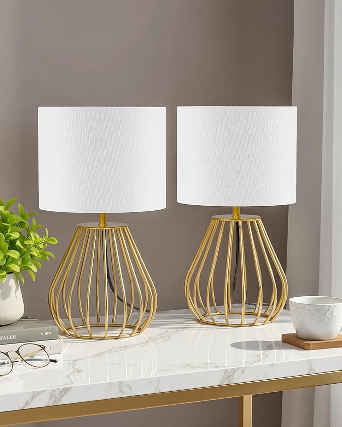 Gold Table Lamp Set of 2, Small Bedside Lamp with Gold Metal Base & White Linen Lampshade, Modern Nightstand Lamp, Little Cute Desk Lamp for Bedroom, 2700K LED Bulb Included DCW06TLP205