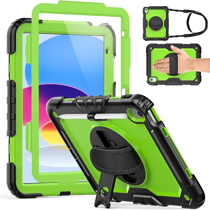 Weuiean Case for iPad A16 11th/10th Generation 11/10.9 Military-Grade Heavy-Duty Shockproof Cover with 360° Rotating Stand Built-in Pencil Holder &amp Adjustable Hand/Shoulder Strap - Black
