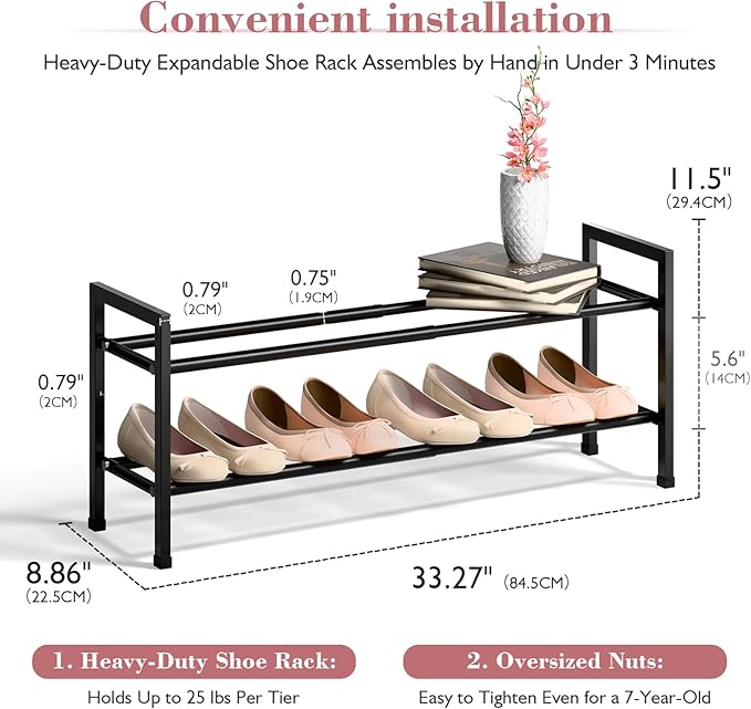 Bumusty 2 Tier Expandable Shoe Rack for Closet, 18“-33” Adjustable Shoe Rack for Small Space, Small Shoe Organizer for Front Door, Sturdy Metal, Black