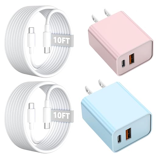 10FT iPhone 17/16e Fast Charger2Pack 20W Dual Port USB A+C QC Apple Adapter with 10 Foot USB C to C Fast Charging Cable Cord for iPhone 17Air/17Pro/17Pro Max/16/16Pro/15/15Pro/Pro Max/Plus(Blue/Pink)