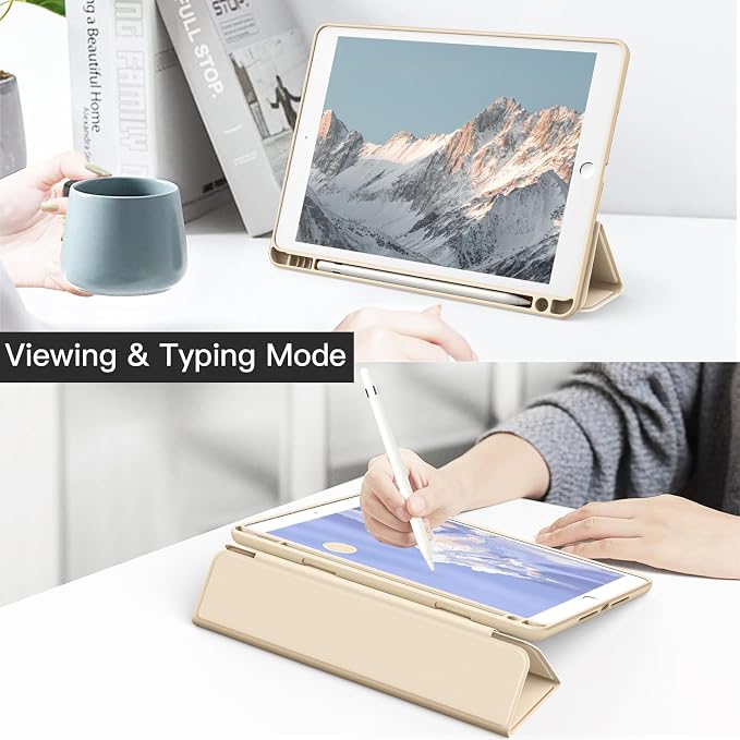 JETech Case Cover for iPad 9th/8th/7th Gen 10.2 Beige | Clear Transparent Back Pencil Holder Slim Shockproof Protection Tri-Fold Stand Auto Wake/Sleep