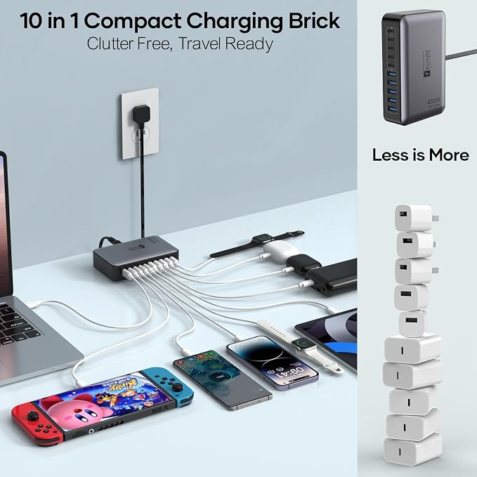 8-Port Multi Charging Stations 200W with Flat Plug Braided Power Cord and On/Off Switch- USB Charging Hub for iPhone iPad MacBook and More- 65W C Port Power Adapter for Laptops