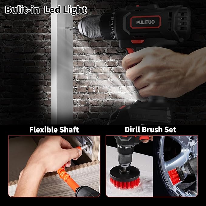 PULITUO Cordless Drill Set, 20V/2.0Ah Electric Power Drill, Torque 45N.m, 25+1 Torque Setting,1/2” Keyless Chuck, 2 Variable Speed Setting, with 43 PCS Bits, Storage Bag