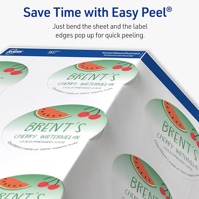 Avery Durable Waterproof Labels, Sure Feed Technology, 2" Diameter, Matte White, Laser/Pigment-Inkjet Printable, 96 Blank Labels, Great for Food Containers, Product Merchandising, and More (5657)