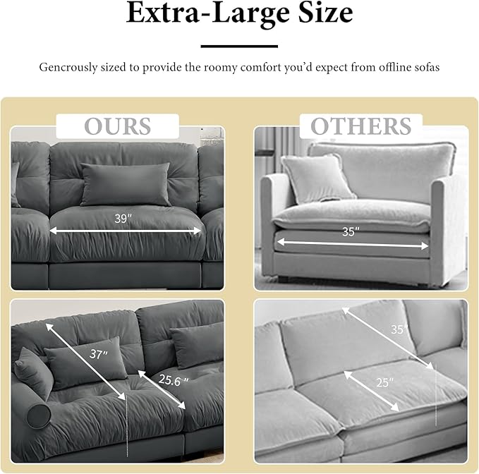 130" Grey Modular Sectional Sofa, 3 Seater Large Sectional Couches for Living Room, Velvet Fabric Oversized Fluffy Cloud Couch with Ottoman, Deep Seat Home Sofas Set, Sofá Moderno, U Shaped
