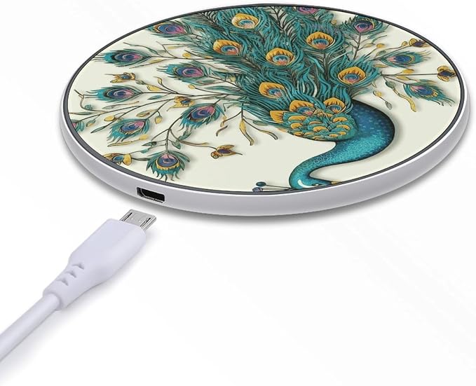 Peacock Pattern Wireless Charger 10W Fast Charging Pad Anti-Slip Qi Certified Wireless Charging Pad Charging Station Portable Phone Charger for All Wireless Charging Smartphone