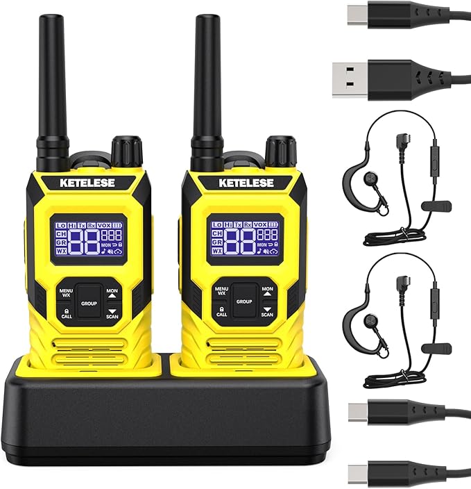 KETELESE T4 FRS Walkie Talkies Earpiece with Mic, IP67 Waterproof Two Way Radio, Walkie Talkie Long Range, 22 Channel, NOAA Weather Alert, PTT, VOX, USB C, Charge Base