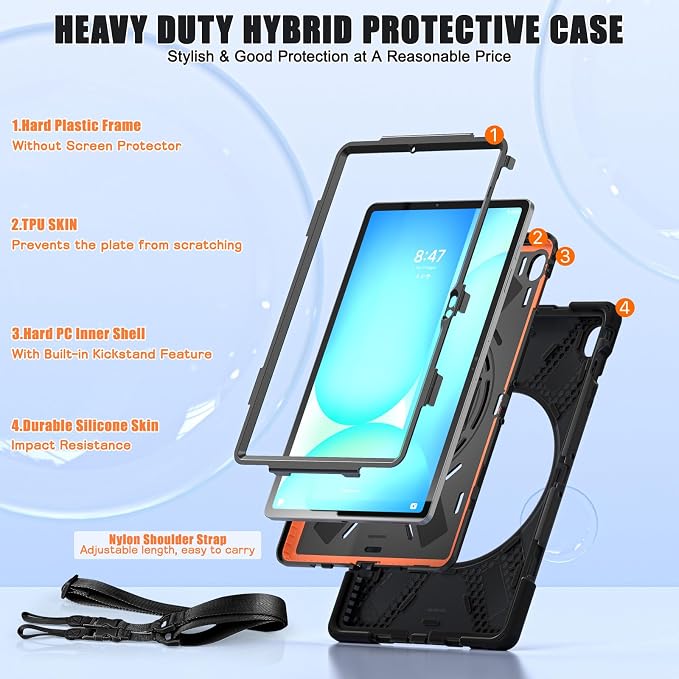 Case for Galaxy Tab S10 FE+ 13.1 2025 with Screen Protector+360 Rotating Hand Strap&ampStand+Shoulder Strap (Black)