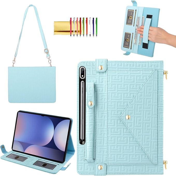 Handbag Case for Samsung Galaxy Tab S10 FE/S9 FE 10.9/S9/S8/S7 11 Techcircle Folio Stand Crossbody Wallet Protective Cover with S Pen Holder &amp Card Slots Hand Strap &amp Shoulder Strap Black