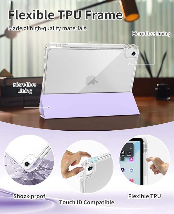 Case for iPad Air 11 M4/M3/M2 &amp iPad Air 5th/4th Gen 10.9-Black | For iPad Air 11 2026/2025/2024 &amp Air 10.9 2022/2020 2-in-1 Removable Transparent Back with Pencil Holder Auto Sleep/Wake
