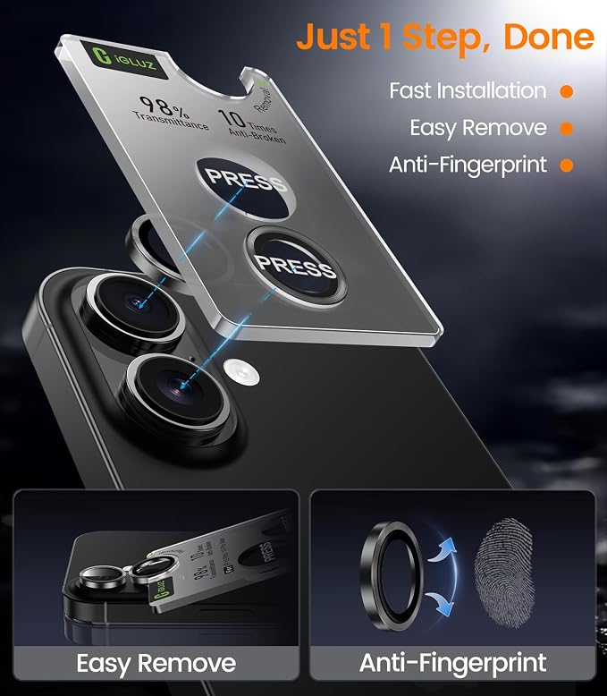iGluz 2 Pack Anti-Reflection Camera Lens Protector for iPhone 17/16/16 Plus [98% Transmittance][1-Step Installation][Strong Adsorption] 9H Shatterproof Tempered Glass-Black