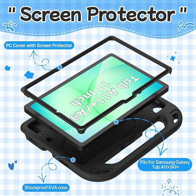 BMOUO Kids Case for Samsung Galaxy Tab A11+ Plus 11” 2026/A9+ Plus 2023 11 inch Tablet with Screen Protector Shockproof Lightweight Stand Handle Galaxy Tab A11 Plus/A9 Plus Case for Kids Black