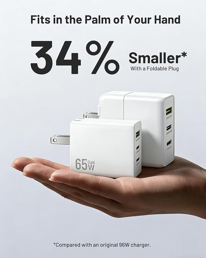 65W USB C Charger Block 3-Port GaN Fast Wall Charger Power Adapter | 2 USB-C &amp 1 USB-A Foldable Plug PD 3.0 PPS Fast Charging for iPhone 17/16/15 Galaxy S26/S25 Pixel 10/9 iPad &amp MacBoo