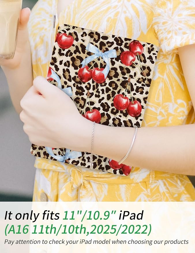 Case for iPad 9th/ 8th/ 7th Generation Case 10.2&amp10.5 Inch (2021/2020/2019 Release) Slim Lightweight Soft Trifold Back Cover with Pencil Holder &amp Auto Sleep/Wake Cover Cherries Cheetah Bows