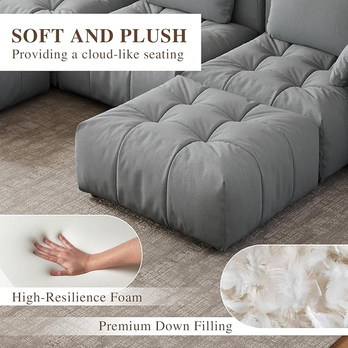 Cloud Sectional Couches, Comfort Linen Loveseat Modular Sofas with Wide Deep Seat, Down Filled Modern Upholstered Sofa Couch for Living Room, Apartment,Grey