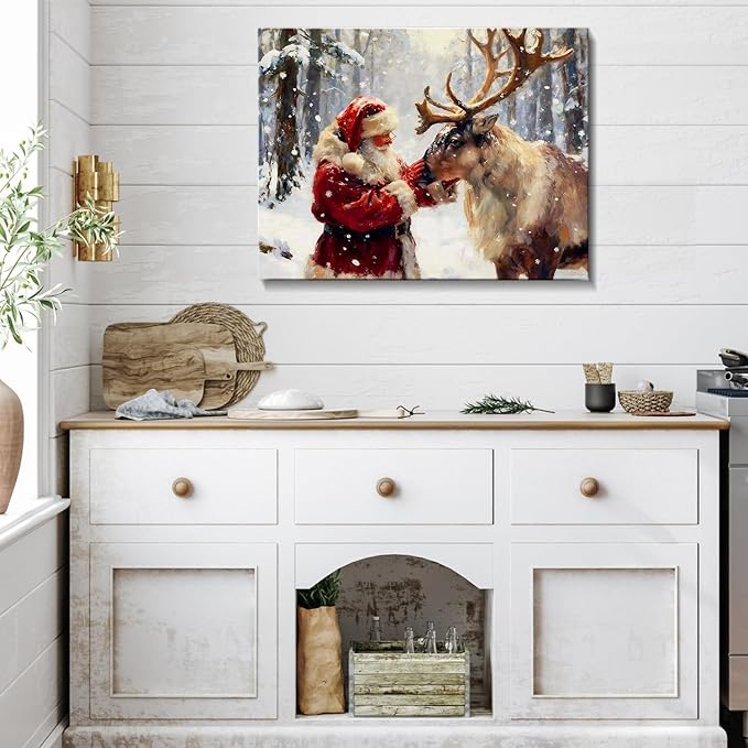 Vintage Reindeer and Santa Claus Christmas Wall Art, Rustic Framed Christmas Picture for Livingroom Bedroom, Ready-to-Hang Christmas Gifts & Festive Winter Wall Decorations