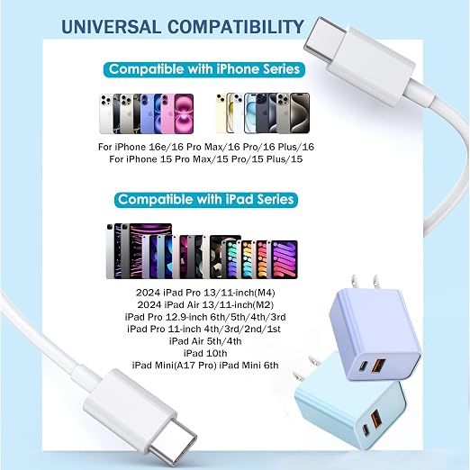 10FT iPhone 17/16e Fast Charger2Pack 20W Dual Port USB A+C QC Apple Adapter with 10 Foot USB C to C Fast Charging Cable Cord for iPhone 17Air/17Pro/17Pro Max/16/16Pro/15/15Pro/Pro Max/Plus(Blue/Pink)