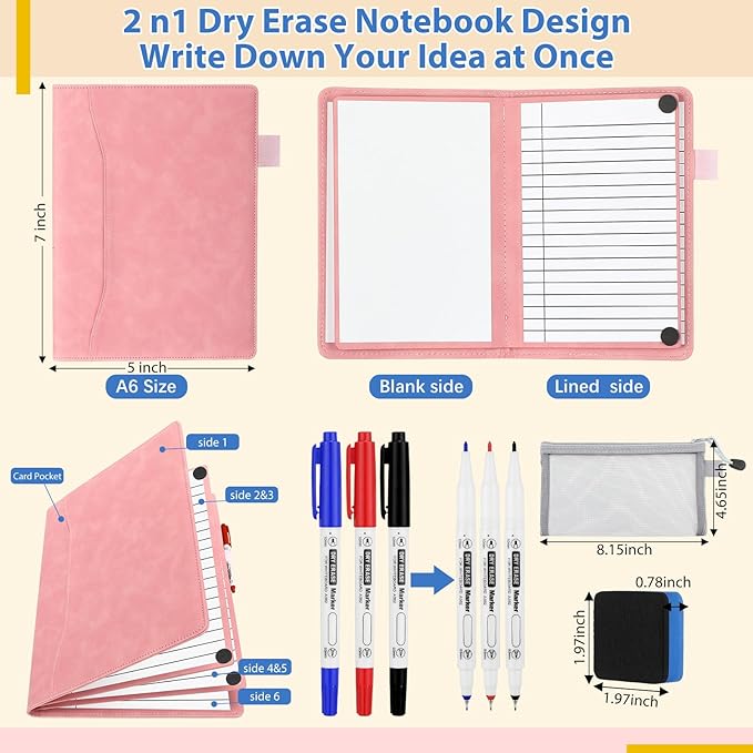6 Sides Dry Erase Notebook Portable Whiteboards Notebook Small Reusable College Ruled Lined Board Folding Mini Travel Dry Erase White Board for Office Study(Pink,A6: 5 x 7 Inches)
