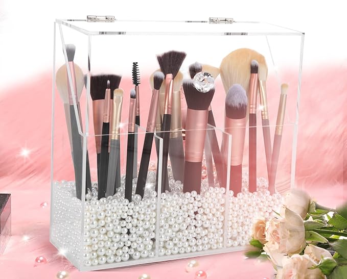Acrylic Makeup Brush Holder, Clear Cosmetic Storage Box with 3 Brush Holders, Dust Cover, Large-Capacity Split Design for Organizing Vanity Desk