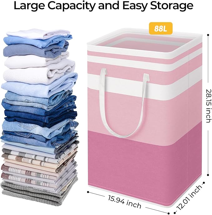 HomeHacks 2 Pack Large Laundry Baskets, Waterproof, Freestanding Laundry Hampers, Collapsible Clothes Hamper with Reinforced Handles in Laundry, College Dorm, Bathroom, Bedroom (Blue+Pink, 88Lx2)