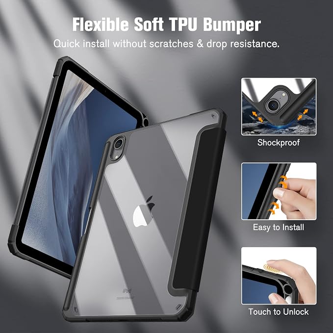 Fintie Clear Case for iPad mini 7th Generation (A17 Pro) / mini 6 8.3 | Slim Hybrid Shockproof Hard PC Back Cover Pencil Holder Viewing &amp Typing Angles Auto Sleep/Wake Black