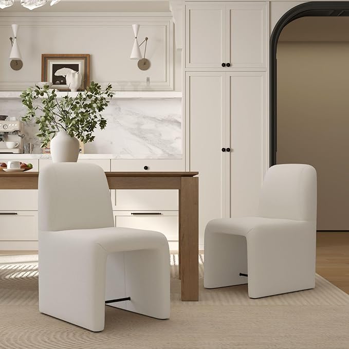 White Upholstered Chenille Dining Chairs Set of 2, Mid Century Modern Dining Room Chairs with Deep Seat & Curved Back, Armless Side Chair Comfy Kitchen Chairs for Living Room/Kitchen