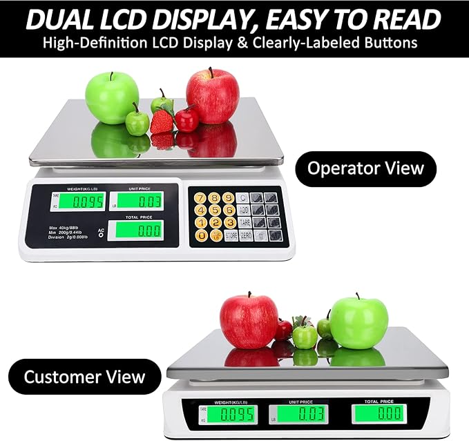 YIFOR Price Computing Scale 88lb/40kg LCD Digital Commercial Price Scale with Stainless Steel Platform,Produce Scale & Food Scale for Farmers Market, Retail Outlets, Meat Shop (Flat Plate)