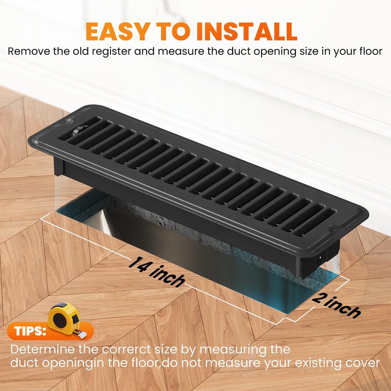 2x14 Floor Register, Matte Black Vent Cover 4 Pack, Heavy Duty Steel Walkable Floor Vents, Floor Register Vents with Easy Adjust Air Supply Lever, Rust Proof Finish Registers Grilles