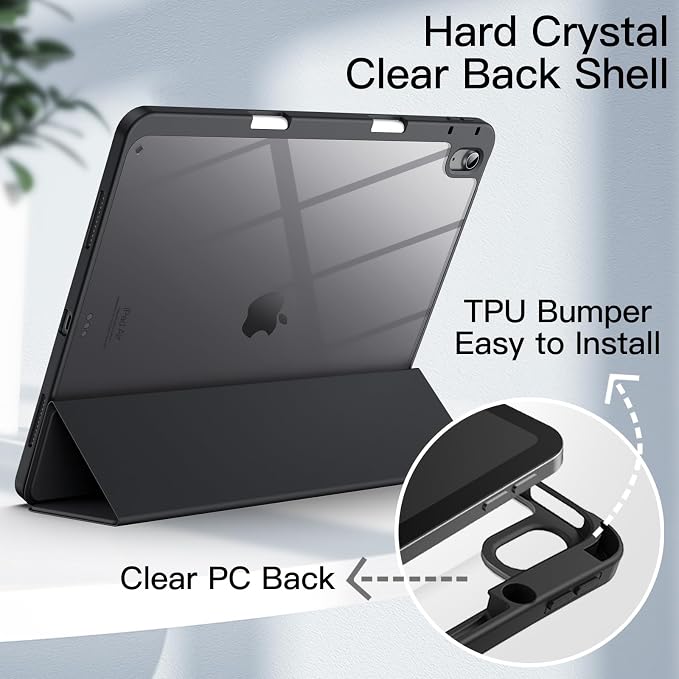 JETech Case for iPad Air 13-Inch M4/M3/M2 (2026/2025/2024) with Pencil Holder Clear Transparent Back Shell Slim Stand Shockproof Tablet Cover Auto Wake/Sleep (Black)