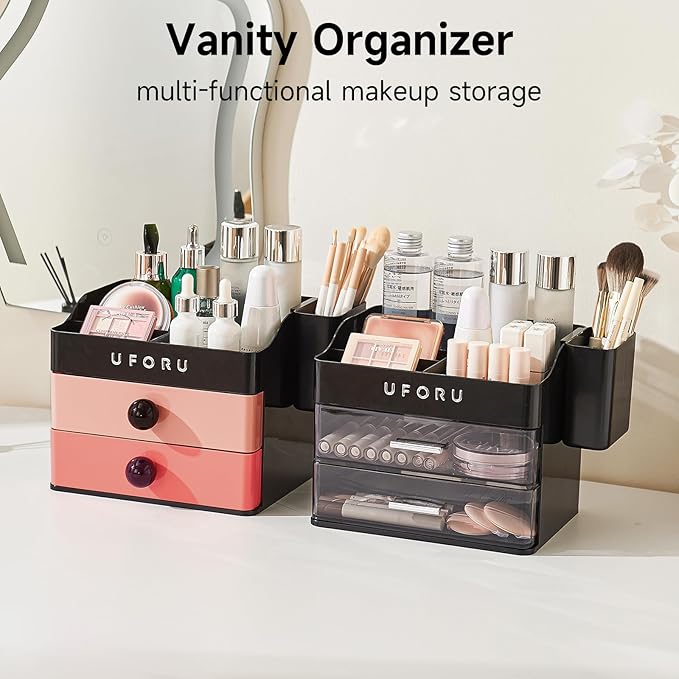 Makeup Organizer for Vanity with Brush Holder, Countertop Organizer with 2 Drawers, Spacious Cosmetic Display Case for Beauty Essential, Skincare, Lipstick