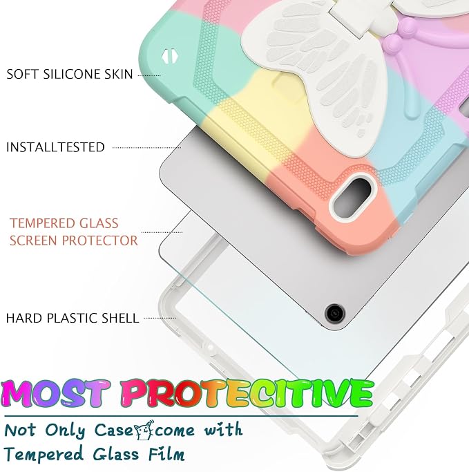 Ambison iPad Air 11 inch Case 6th Generation 2024(M2) with 9H Tempered Glass Screen ProtectorFull-Body Shockproof Sturdy Cute Cover with Butterfly Wings StandShoulder StrapPencil Holder-Multicolor