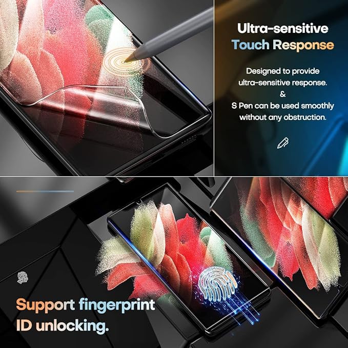 TAURI [Designed for Samsung Galaxy S21 Ultra 5G 2 Pack Flexible TPU Screen Protector + Camera Lens Protector Support Fingerprint Unlock Easy Installation Bubble Free]