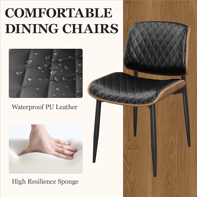 Dining Chairs Set of 2, Mid-Century Modern Upholstered PU Leather Chairs with Walnut Back and Metal Legs Adjustable Feet for Kitchen Dining Room, Black Diamond Plaid