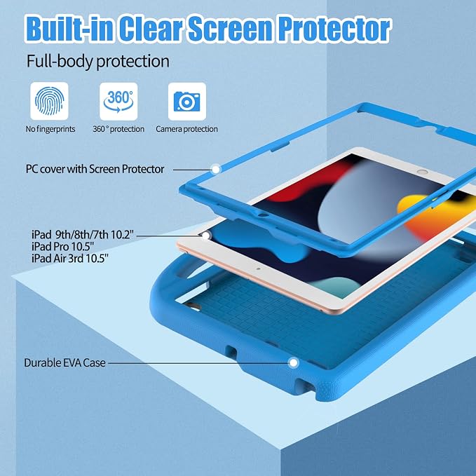 Kids Case for iPad 10.2 &amp 10.5 iPad 9th/8th/7th Generation 10.2 2021 2020 2019 Case with Screen Protector iPad Air 3rd Gen/Pro 10.5 inch Protective Cover with Handle Stand Black