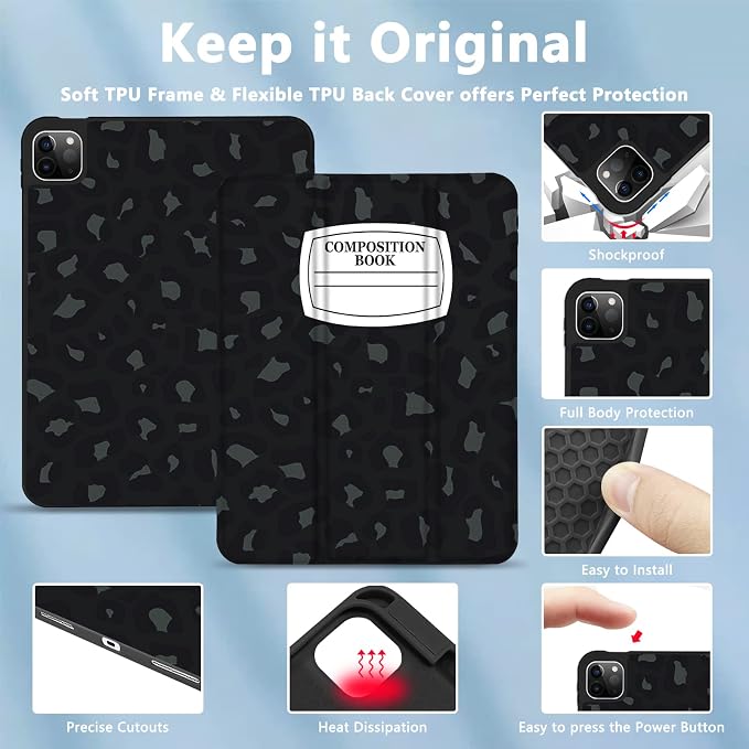 for iPad Pro 11 Inch Case 2022(4th Gen)/2021(3rd Gen)/2020(2nd Gen) with Pencil Holder TPU Shockproof Frame and Protective Leather Cover [Auto Sleep/Wake] Black Cow
