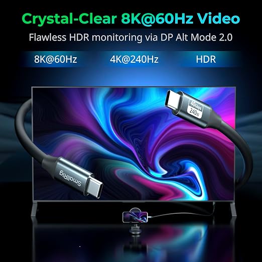 SMALLRIG USB4 40Gbps USB-C Cable 240W PD 3.1 Fast Charging 8K@60Hz Video 100cm/39.4in Straight to Angled Connectors with Cable Tie for MacBook Pro for iPad Pro for iPhone 17/16/15 Series - 5732
