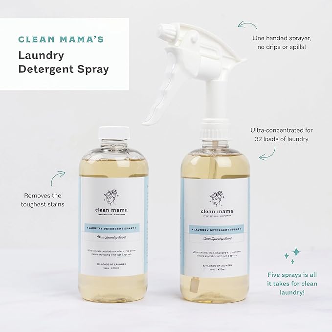 Clean Mama Laundry Detergent Spray & Pre-Treater - Natural Laundry Detergent Soap for Sensitive Skin - Eco-Friendly, HE Compatible - Clean Laundry Scent - 64+ Loads of Laundry, Starter + Refill, 16 oz