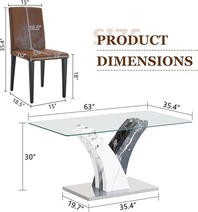 Glass Dining Table Set for 4, 63” Kitchen Table Set for 4, Modern Dining Room Table Set with Upholstered Chairs, Tempered Glass Tabletop with Y Shape Base
