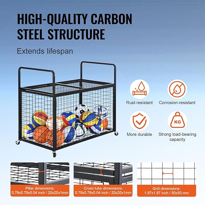 VEVOR Rolling Sports Ball Storage Cart, Lockable Basketball Cage with Double Lids, Sport Equipment Holder Organizer for Indoor Outdoor, Steel Storage Rack for Garages, Playgroup, Gym and Schools