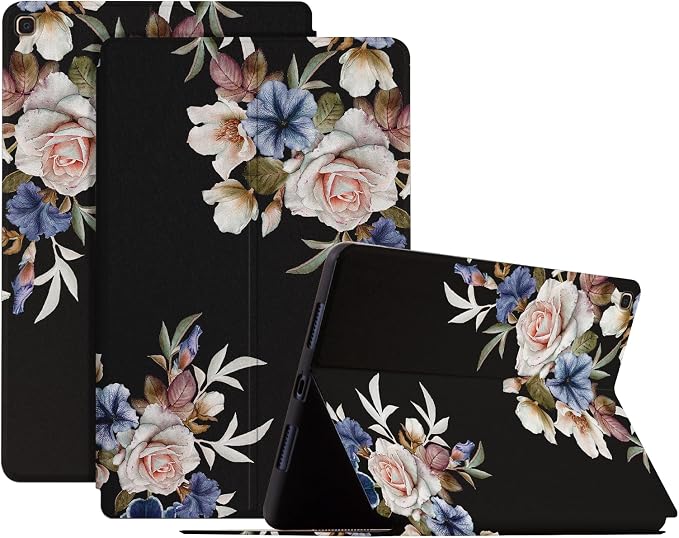 Case for Samsung Galaxy Tab A 10.1 Case 2019 Only Fit (SM-T510/ SM-T515/ SM-T517 Case) Premium PU Leather Cover Shockproof Protective Cover Folding Stand Case Black Flowers