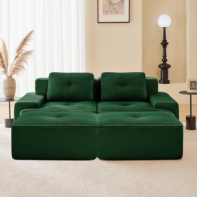 80" Modern Corduroy Boneless Love Seat Couches with 2 Ottomans, 2 Seater Large Sectional Couches for Living Room, Green Cloud Modular Sectional Sofa, Memory Foam, Extra Deep Loveseat, No Assembly