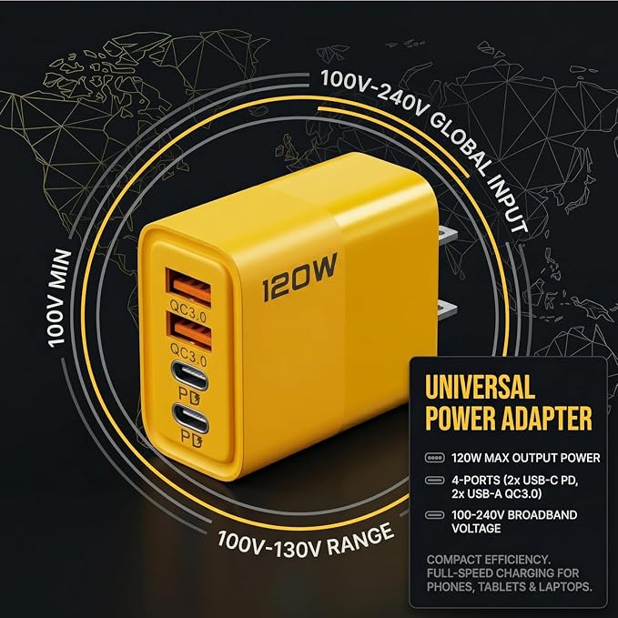 120W Dual USB &amp Dual Type-C Fast Charger C Chargers Fast Charging 4 Foot 4 in 1 Fast Charging Cable &amp Data Sync Dual Ports Adapter for Gaming Office Travel (1set)