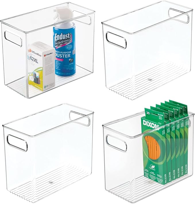 mDesign Tall Plastic Storage Organizer Container Bin, Office Organization for Filing Cabinet, Cupboard, Shelves, and Desk - Holds Notepads, Pens, Pencils, Highlighters, Ligne Collection, 4 Pack, Clear