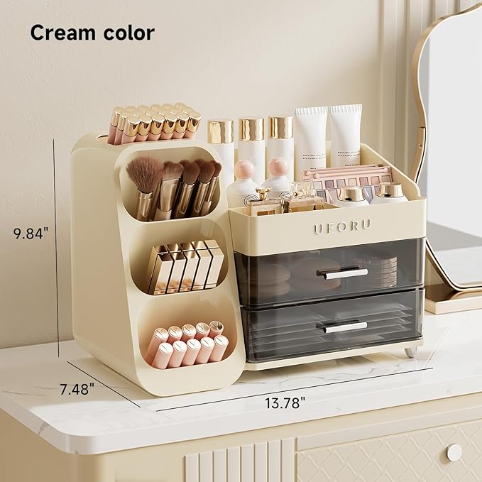 Makeup Organizer for Vanity with Brush Holder, Countertop Organizer with 2 Drawers, Spacious Cosmetic Display Case for Beauty Essential, Skincare, Lipstick