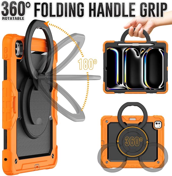 for iPad Pro 11 inch Protective Case M5 2025/M4 2024: Heavy Duty Shockproof Case with Pencil Holder - 360°Rotating Handle/Stand - Screen Protector - Shoulder Strap Black/Sky Blue
