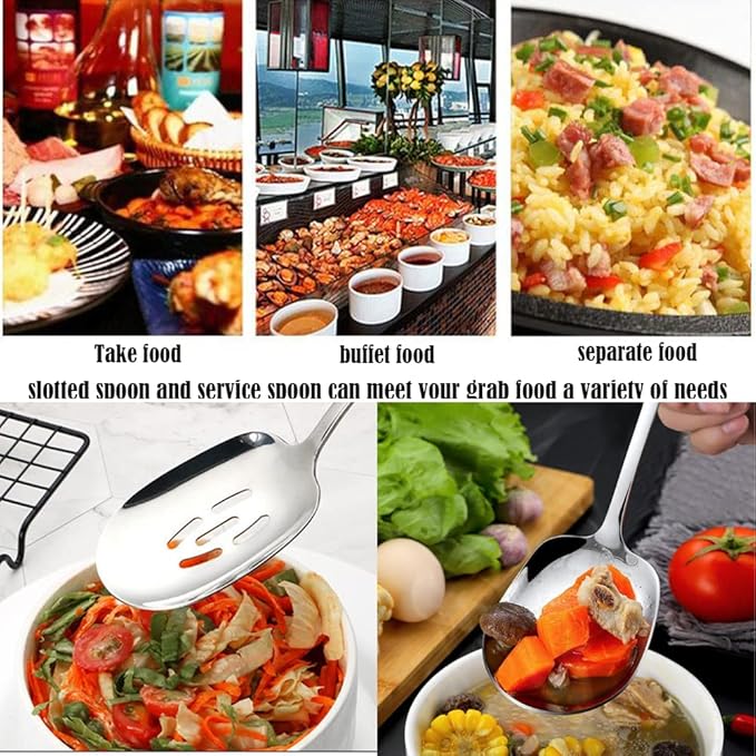 SIAIQIANG Extra Large Serving Spoons Set,18/8 Stainless Steel Slotted Spoon and Serving Spoon,9.8 Inch Buffet Spoons Set,Tabletop Flatware Utensil (2pack)
