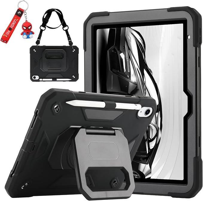 for iPad (A16) 11th Generation Case 11 Inch 2025/ iPad 10th Generation Case 10.9 Inch 2022 with 360 Rotating Grip Magic StandPencil Slot/Key Chain/Carrying Shoulder Strap Cover for iPad 10th Gen