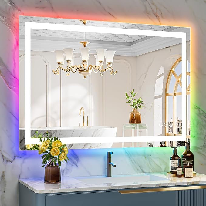 YEELAIT 44x30 Inch RGB LED Bathroom Mirror Front Light and RGB Backlit Lighted Vanity Mirror for Bathroom Wall Mounted Dimmable Anti Fog Memory Shatter-Proof IP54 Waterproof Horizontal/Vertical