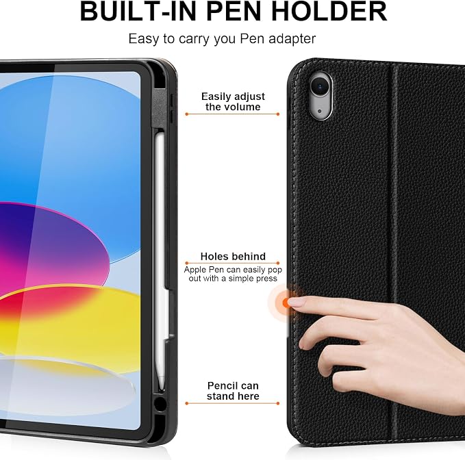 iPad Case 11th Gen 11 &amp 10th Gen 10.9 with Pencil Holder Black | Slim Premium Leather Smart Cover Auto Wake/Sleep Multi-Angle Protective Stand
